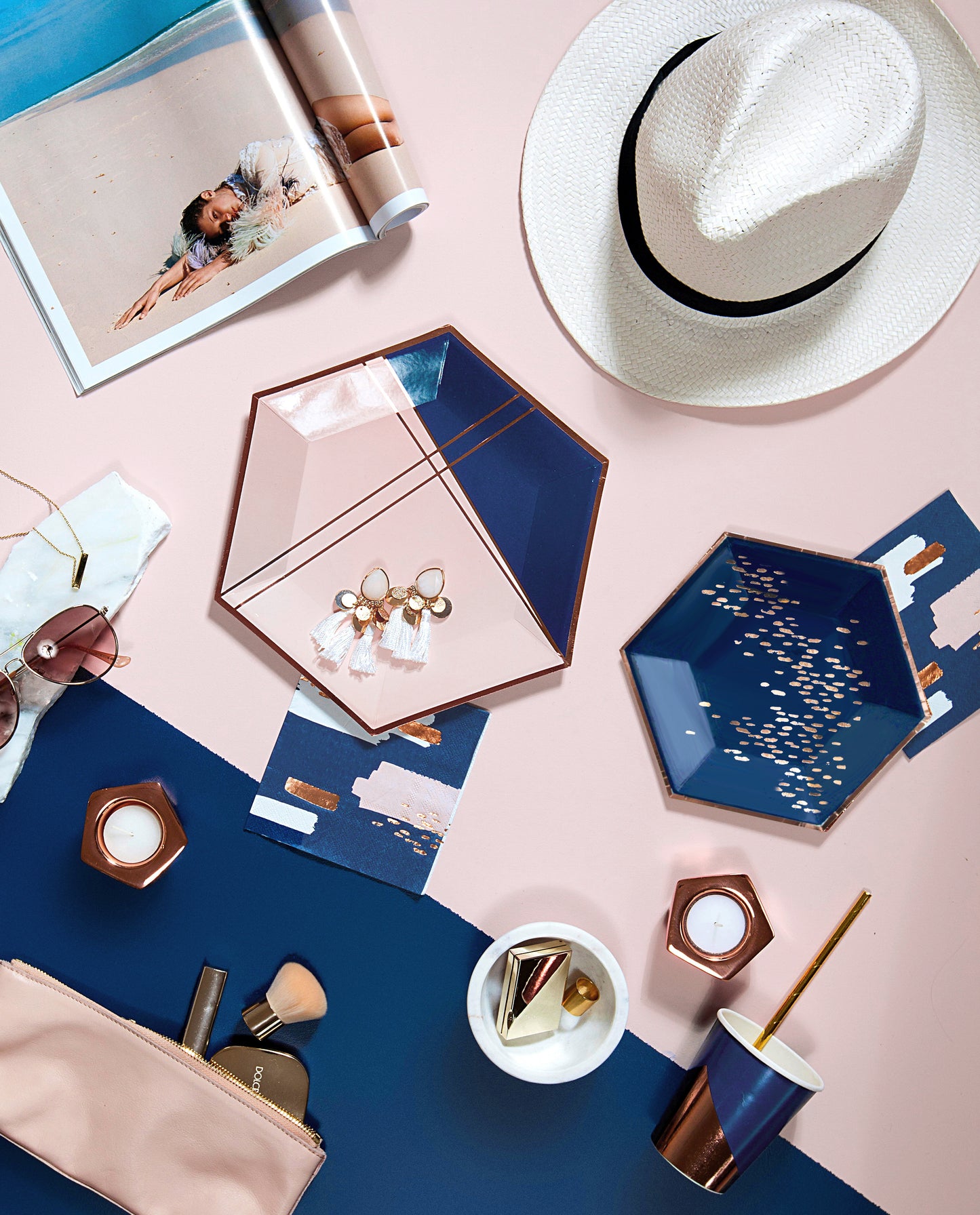 Erika - Pale Pink and Navy Colorblock Large Paper Plates