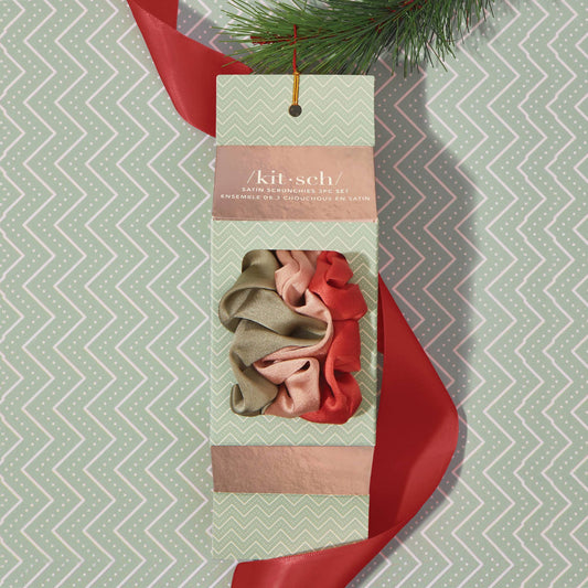 Holiday Ornament Satin Scrunchies 3pc Set- Pinksettia